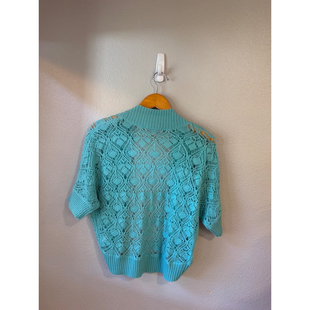 Caslon Cardigan Women M/L Turquoise Wool Blend Pointelle Knit Shrug Short Sleeve - Picture 4 of 7